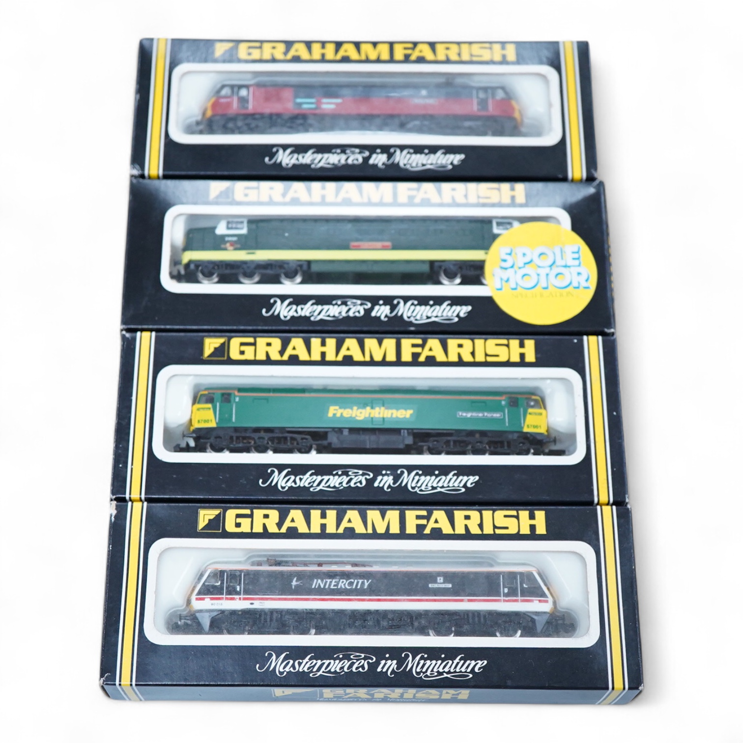 Four boxed Graham Farish N gauge railway electric and diesel locomotives; a BR class 55, Argyle & Sutherland Highlander D9021 (8414), a Freightliner class 57, Freightliner Pioneer 57001 (804A), a Rail Express class 90, P